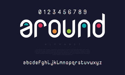Around creative modern geometric urban alphabet font. Digital abstract futuristic, game, techno, robot, music, logo, sport, minimal technology typography. Simple numeric vector illustration