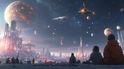 A stunning futuristic landscape featuring children gazing at a vibrant, starry sky filled with planets and spaceships.