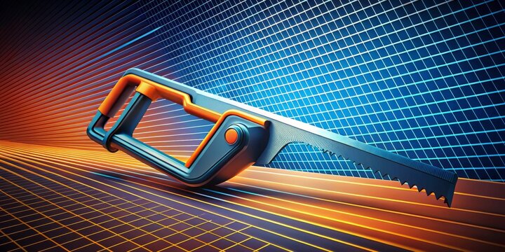 A highly stylized illustration of a mini hacksaw intersecting with a grid of diagonal lines, creating a futuristic and dynamic composition, with a contrasting orange and blue color scheme