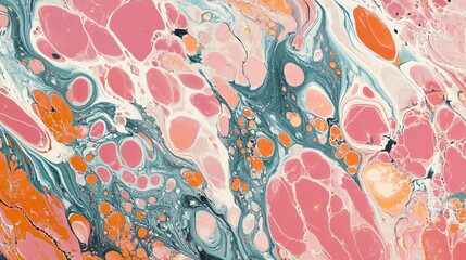 Abstract marbled background in pastel pink, turquoise, and orange colors.
