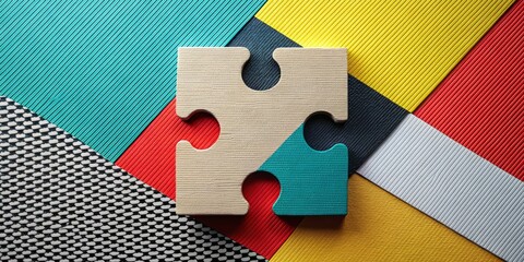 A stylized jigsaw puzzle piece with bold lines and geometric shapes, set against a contrasting colored background with a subtle texture, highlighting the importance of finding the right fit.