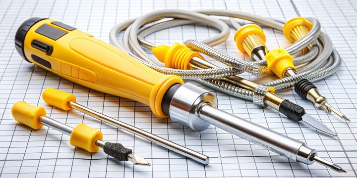 A sleek and modern screwdriver tester with a silver handle and a bright yellow ergonomic grip stands against a clean white background with subtle grid pattern - Powered by Adobe