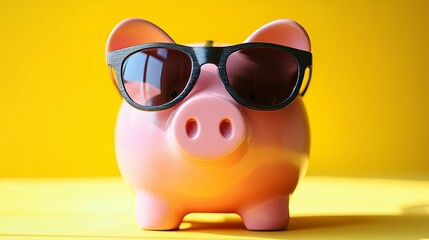 Pink Piggy Bank Wearing Sunglasses on Yellow Background