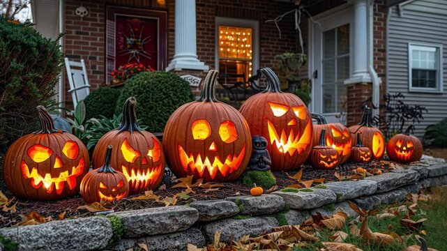 A row of intricately carved pumpkins with glowing faces are displayed outside a cozy home, creating a festive atmosphere as darkness falls during Halloween.