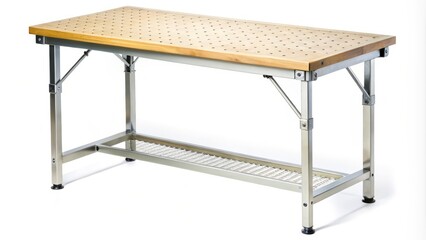 A modern portable workbench with a sleek wooden top and metal legs on a clean white background, set against a subtle grid pattern