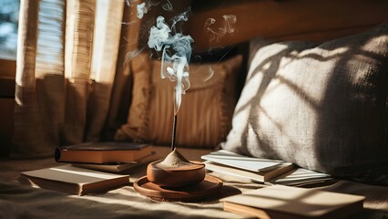 Vanilla Incense Burning in Sunlit Reading Nook