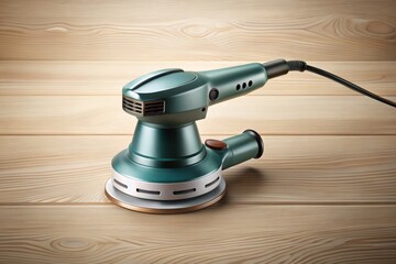A detailed illustration of an electric sander on a light woodgrain background, with subtle texture and gradient effects to emphasize its metallic surface and rotating sanding disk