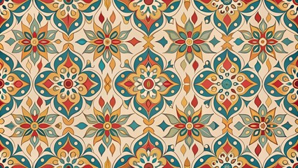 Fototapeta premium Seamless repeat pattern of abstract shapes in bold colors, set against a neutral beige backdrop, showcasing clarity and precision in every element, ideal for wallpaper or textile designs.