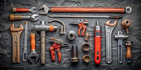 A highly detailed illustration of a plumber's toolkit spread out on a rugged, dark gray slate background, with each tool precisely rendered and clearly recognizable