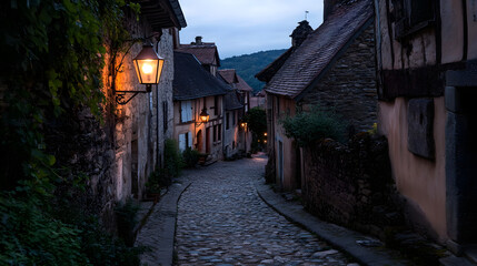 Fototapeta premium Cobblestone Street in Old European Village at Twilight with Streetlights