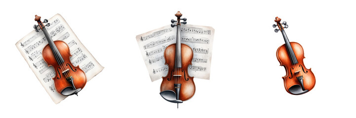 Fototapeta premium A collection of violins placed on sheet music, showcasing elegant craftsmanship and musical artistry.