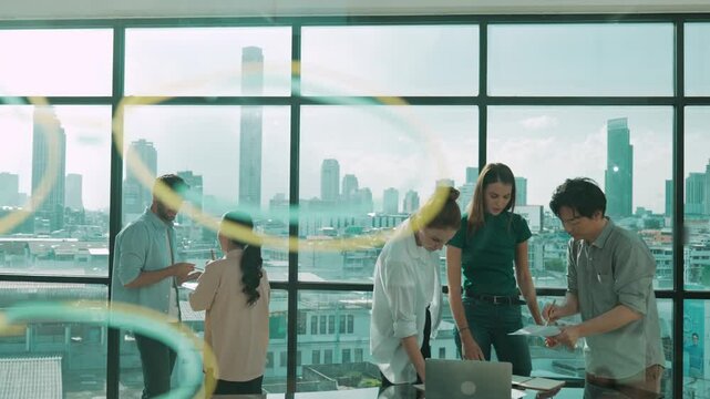 Group of diverse business people brainstorming about marketing plan. Professional multicultural business team working, talking, presenting about financial strategy at modern office. Tracery