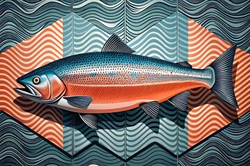 A stylized vector illustration of a single salmon fillet placed on a modern, monochromatic backdrop, with bold lines and geometric shapes creating a dynamic pattern that highlights the thick
