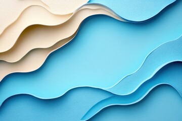 Obraz premium Abstract Paper Waves: A serene and minimalist backdrop for your designs, featuring a captivating blend of blue and beige paper waves in a layered, abstract style. 