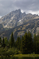 Vertical photograph of the Teton Mountain peaks on a cloudy day rocky terrain mixed with vast pine and spruce tree forests. Grand Teton National Park, Wyoming