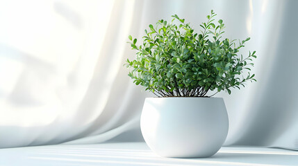 Fototapeta premium A vibrant green plant in a sleek white pot, adding a touch of nature to a soft, bright interior setting.
