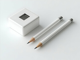 Two sleek white pencils and a sharpener on a clean surface, ideal for illustrating creativity and minimalism in design.