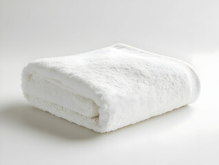 Close-up of a soft, fluffy white towel neatly folded on a light background, ideal for spa or bathroom settings.