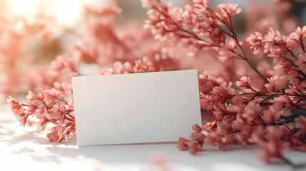 A blank card surrounded by delicate pink flowers, perfect for showcasing personalized messages or invitations in a serene setting.