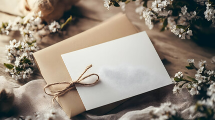 A beautiful arrangement of a blank card and envelope surrounded by delicate flowers, perfect for invitations or greetings.