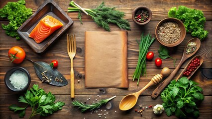 A stylized flat lay of a restaurant menu on a distressed wood table, surrounded by rustic kitchen utensils and a sprig of fresh parsley