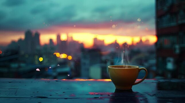 A cozy cup of coffee on an apartment window ledge, overlooking a night cityscape under a glowing sky, creating a perfect moment of r Seamless looping 4k time-lapse virtual video animation Generated AI