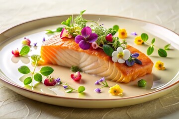Salmon fillet placed on a delicate porcelain plate, garnished with edible flowers and microgreens, against a soft cream-colored background with subtle texture, illuminated by warm golden light.