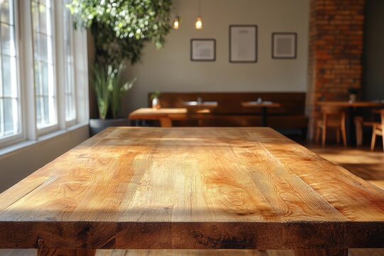 Rustic Restaurant Table: Warm, natural light bathes a rustic wooden table, set against a backdrop of exposed brick and framed artwork. The inviting ambiance speaks to cozy gatherings and delicious mea