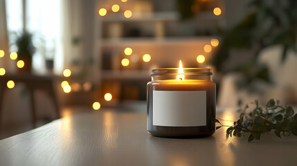 A calming candle glows warmly on a table, surrounded by soft lights, creating a serene atmosphere in a cozy space.