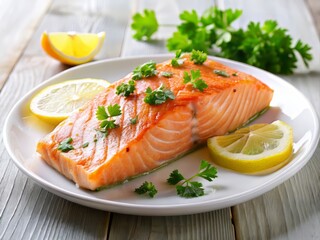 Freshly cooked salmon fillet on a white plate, garnished with lemon wedges and parsley, with a slight blur effect on the background to highlight the dish