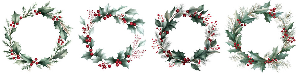 Fototapeta premium Four festive wreaths adorned with holly and berries, perfect for holiday celebrations and seasonal decorations.