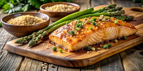 Juicy salmon fillet glistening with a sticky honey-mustard glaze, served with a side of roasted asparagus and quinoa on a rustic wooden platter