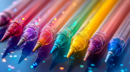 Obraz premium Vibrant collection of colorful gel pens arranged in a row, showcasing a spectrum of hues and perfect for creative projects.