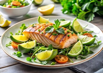 Delicious and nutritious salad featuring grilled salmon, creamy avocado, and a burst of citrus flavor, placed on a clean white plate and garnished with fresh herbs.