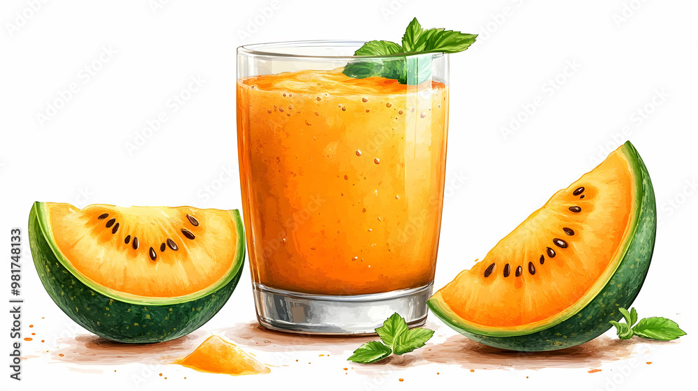 Wall mural refreshing melon juice in a glass, served with fresh mint and juicy melon slices, perfect for summer