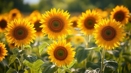 Obraz premium Vibrant Sunflower Field Under Bright Sunny Sky in Peaceful Rural Landscape