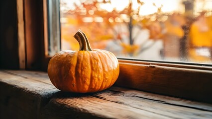 Cozy pumpkin on a rustic windowsill with autumn trees outside