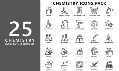 Chemistry black outline icon set, contain atom, flask, beaker, tube, drop, mortar, hazard, erlenmeyer and more. vector EPS 10. use for UI, UX, app and web development. for industry, education.