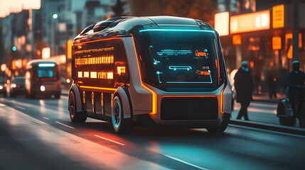 Futuristic self-driving vehicle on a busy urban street, illuminated with vibrant lights, showcasing advanced technology.