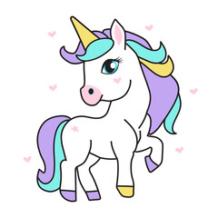 Cute unicorn on white background with hearts.; Greeting card