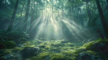 Naklejka premium Sunbeams Piercing Through a Misty Forest