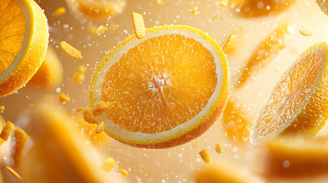 Fresh orange slice floating in a burst of citrus flavor, radiating vibrant colors and refreshing essence.