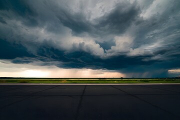 Fototapeta premium Ominous clouds cast dramatic shadows on smooth asphalt, signaling a storm