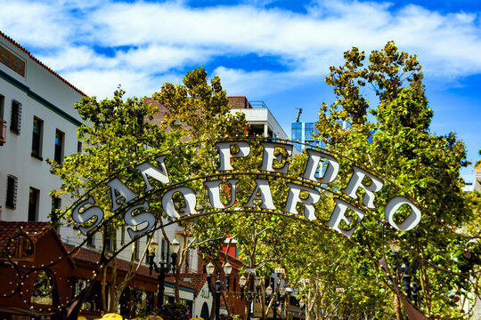 San Pedro Square gateway arch at the entrance to a historic neighborhood - San Jose, California, USA - San Jose, California, USA - September 15, 2024