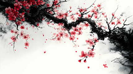 Naklejka premium A serene and artistic depiction of cherry blossoms on a delicate branch, evoking tranquility and the beauty of nature.