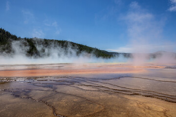 Grand prismatic springs in Yellowstone National Park water surface, cracks, and steam rising from hot springs