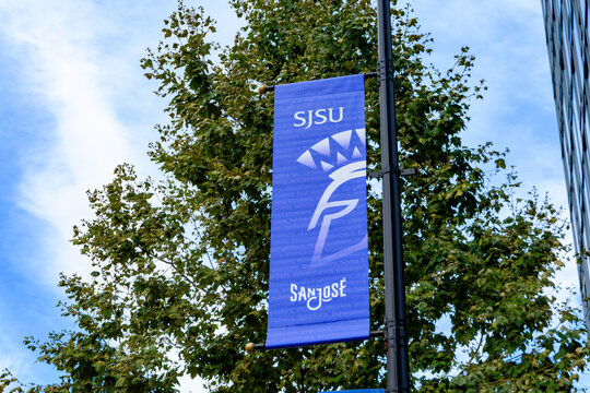 San Jose State University SJSU banner hangs from a streetlight - San Jose, California, USA - September 15, 2024