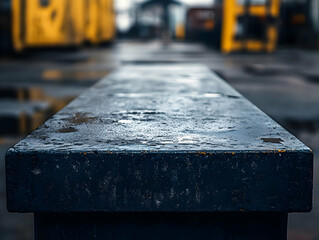 Close-up of a weathered metal surface in an industrial setting with blurred background machinery.