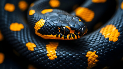 Fototapeta premium A stunning close-up of a black and yellow snake, showcasing its intricate scales and vibrant colors in sharp detail.