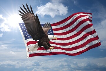Eagle grips American flag while flying against a radiant sun and clouds